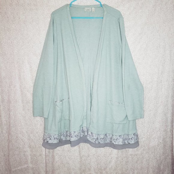 LOGO Lori Goldstein Knit Cardigan Womens XL Mint Green Lace Trim Open Front - Picture 2 of 4